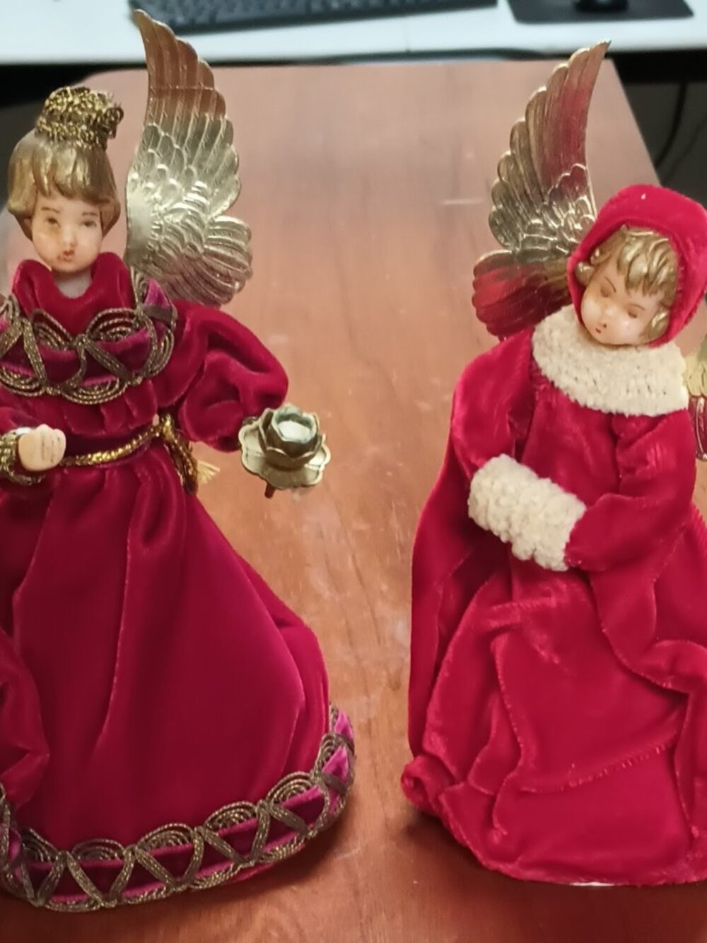 Vintage Pair Christmas Tree Toppers Velvet Angel Figures Gold Wings 7" Holiday